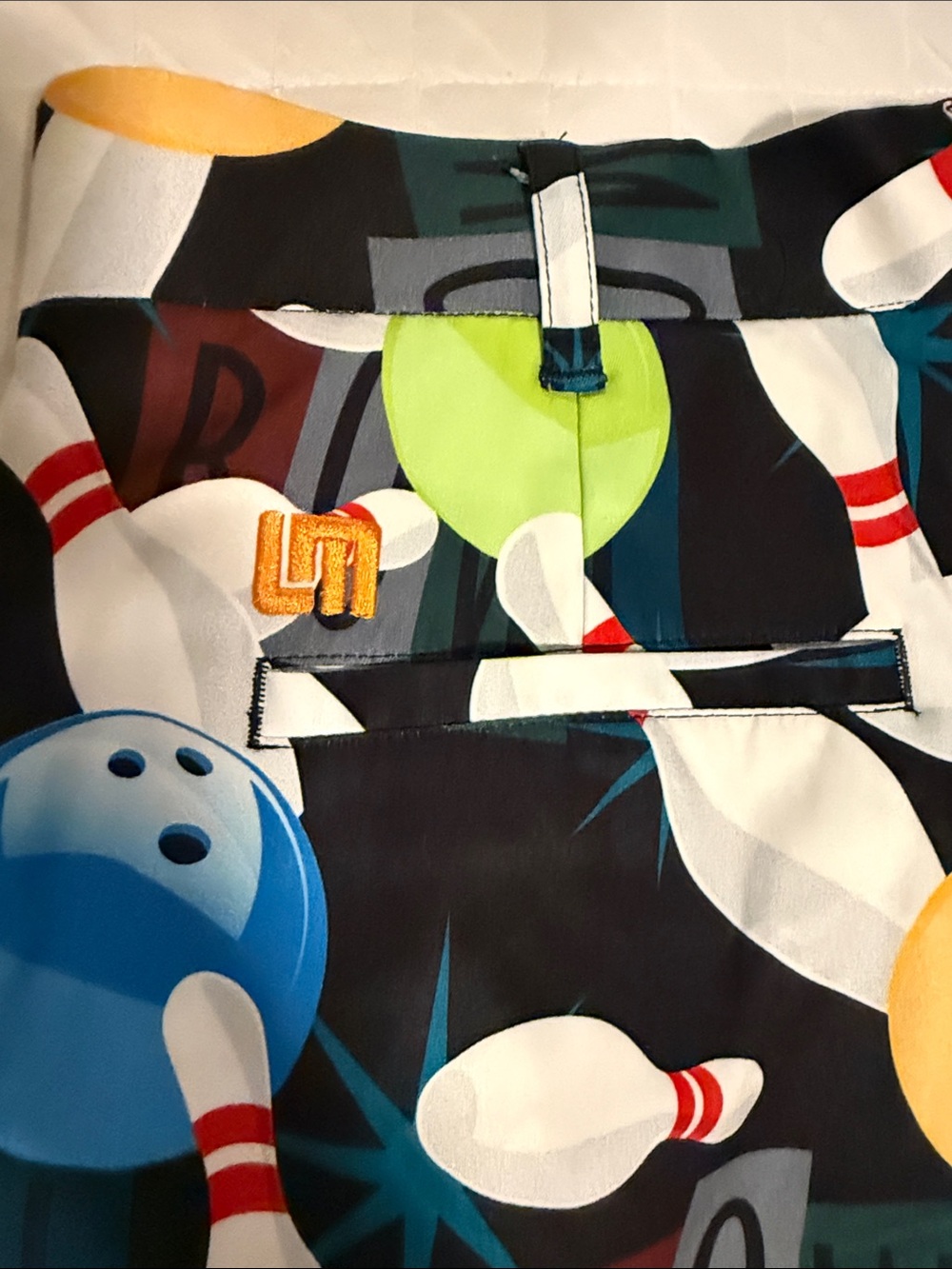 Loudmouth Black Bowling Pins Print Shorts with Pink, Blue, Green, Yellow Balls - Picture 3 of 4